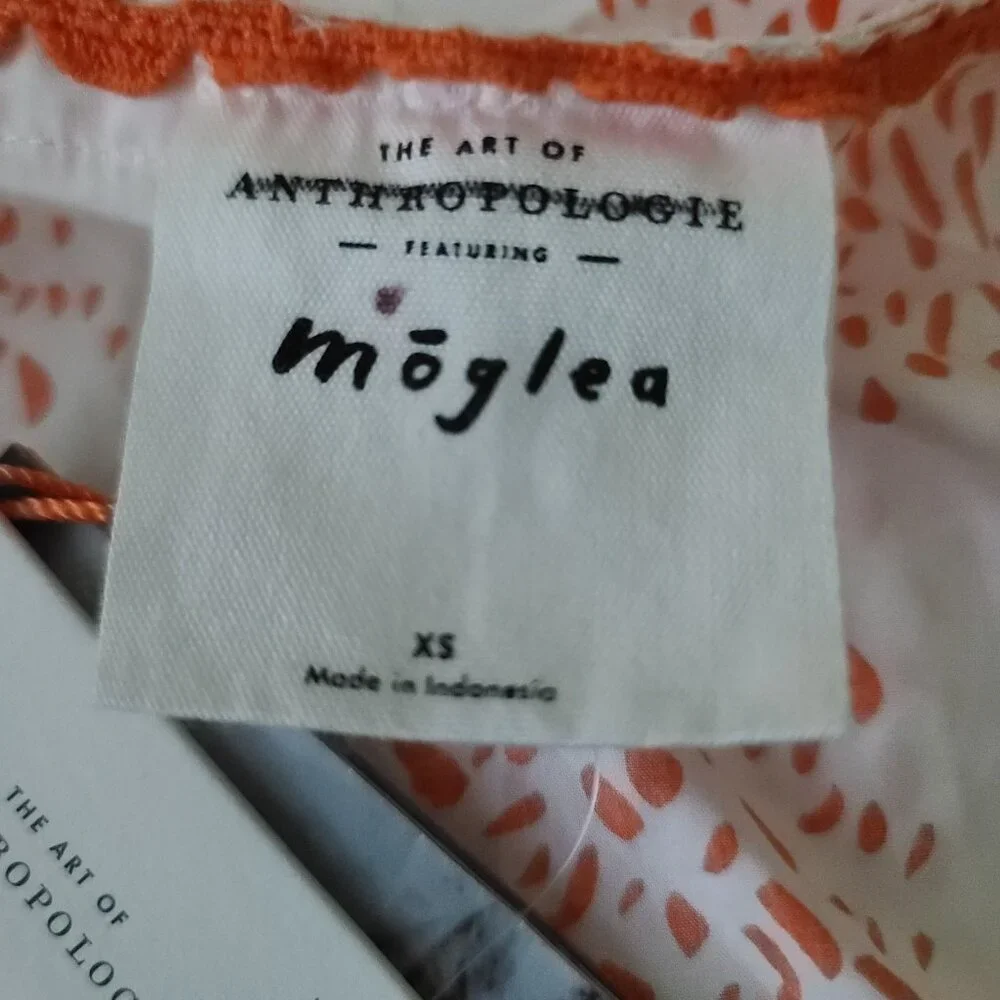 Anthopologie Moglea Danae Poplin Babydoll Blouse Sz XS White/Orange Boho NWT - Picture 3 of 12